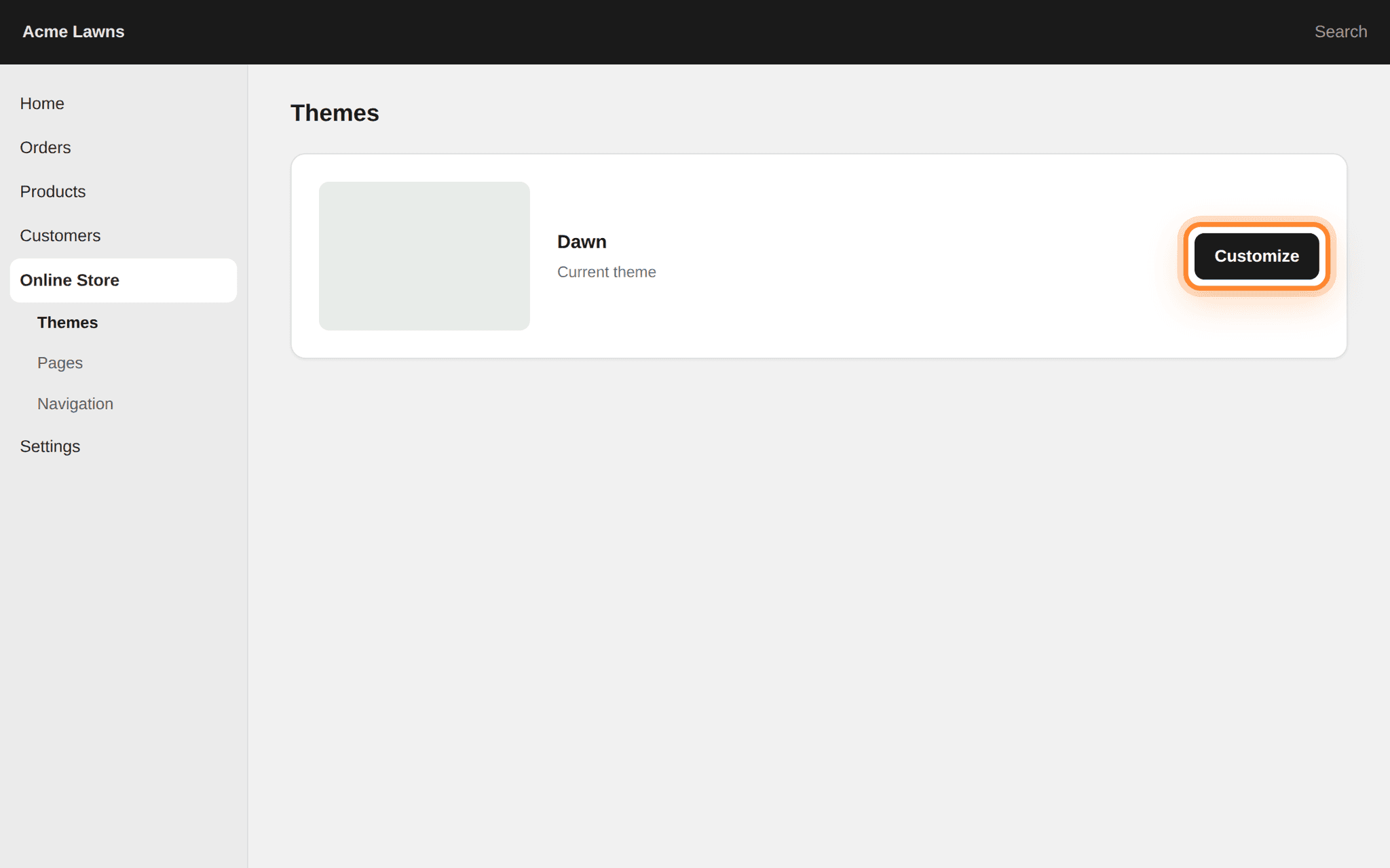 The Shopify Themes page with the Customize button on the current theme ringed.