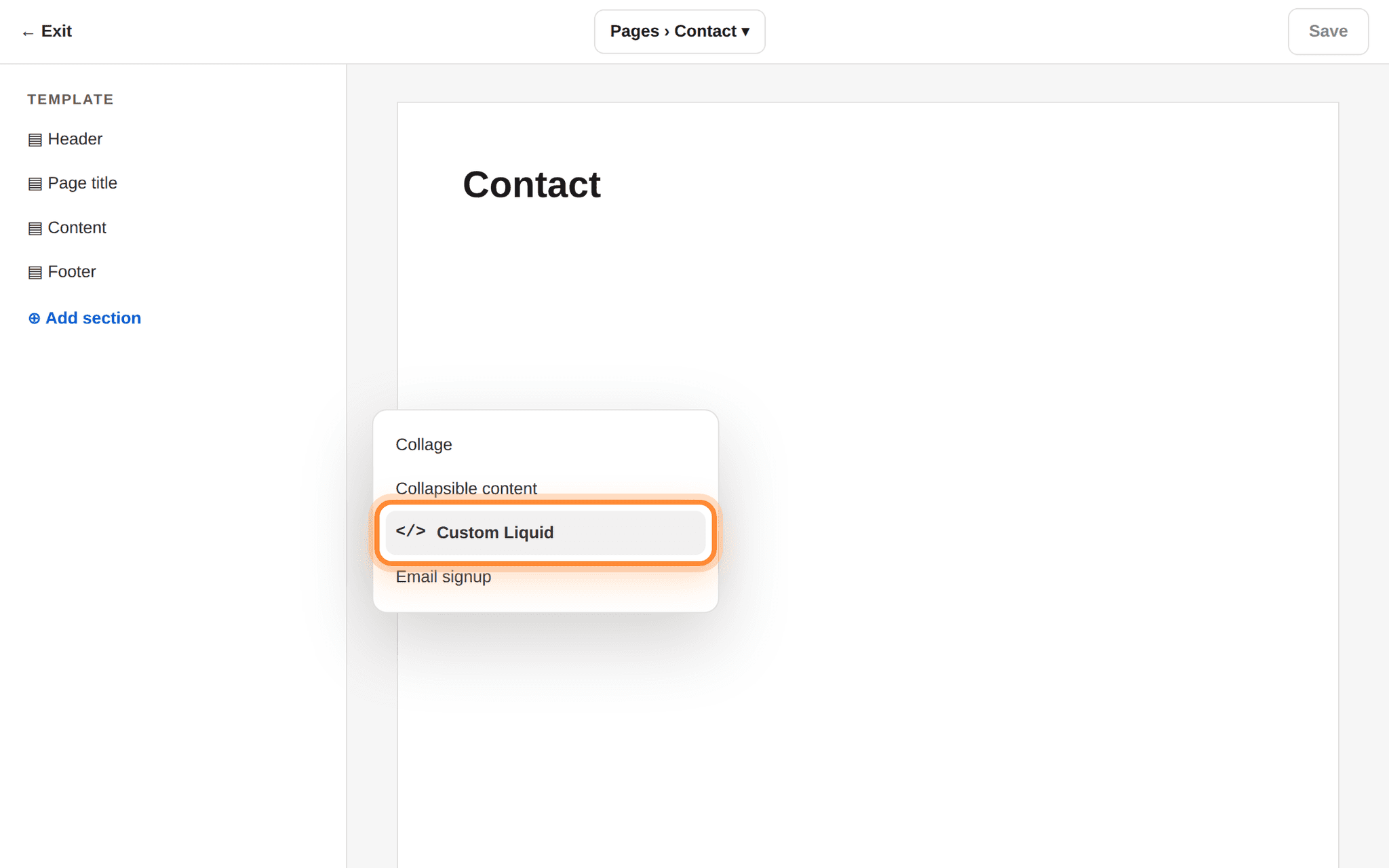The Add section list open with Custom Liquid ringed.
