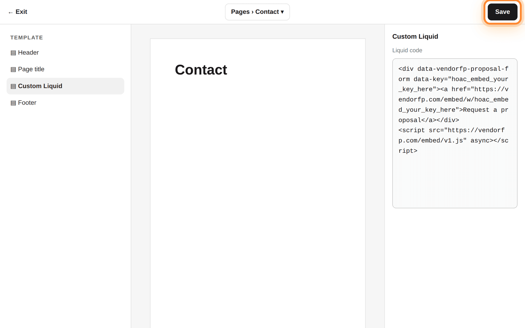 The Custom Liquid section selected, the snippet pasted into the Liquid code box on the right, and Save ringed at the top right.