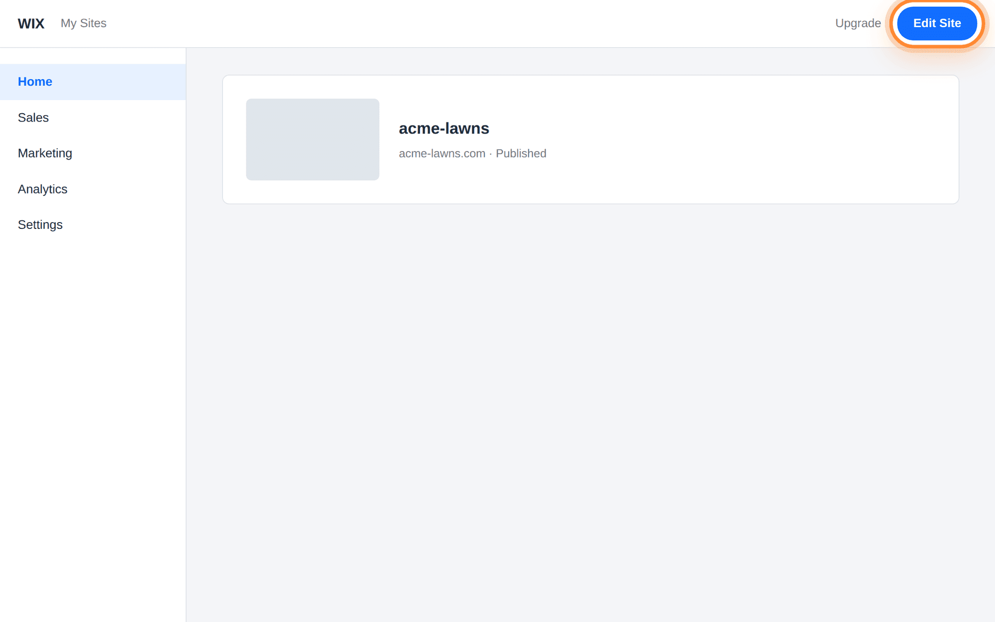 The Wix site dashboard with the Edit Site button ringed at the top right.