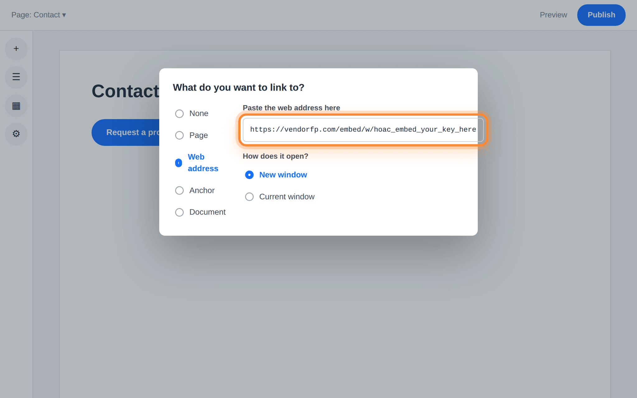 The Wix link dialog with Web address chosen and the address box, holding the hosted form address, ringed.