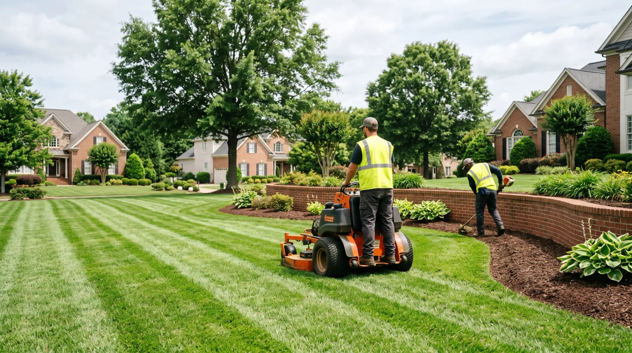 Landscaping technicians mowing and edging a common green in hi-vis shirts, seen from behind.