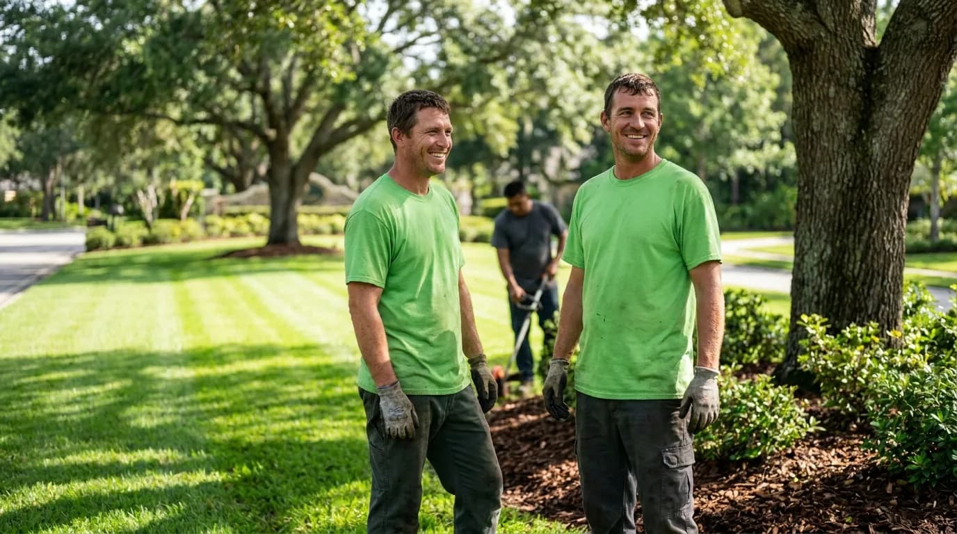 Two smiling landscapers in green shirts beside a freshly mulched bed on a striped common lawn, a third trimming behind them.