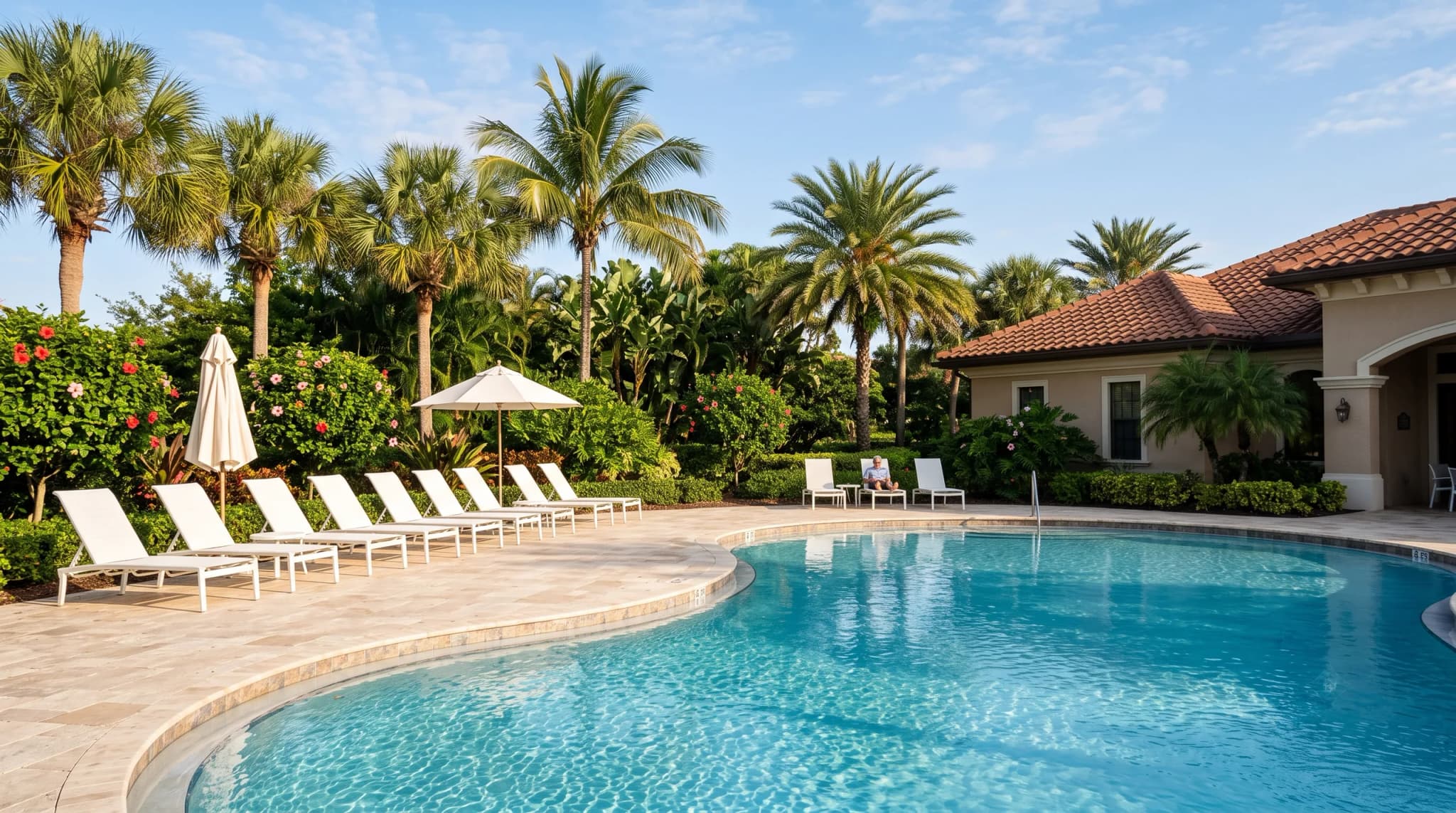 A freeform resort-style community pool ringed by loungers, palms and hibiscus, with the clubhouse to one side.