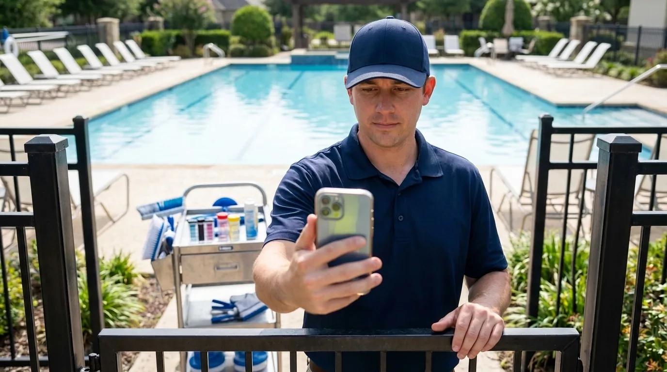 A pool technician in a navy polo and cap at a community pool gate, holding a phone out in front of him with a service cart of test kits behind him.